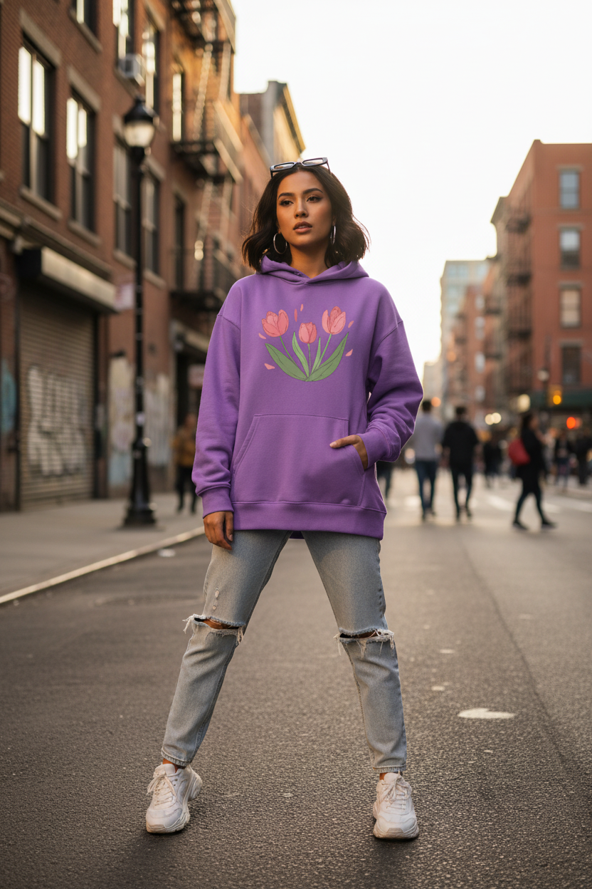 Female model wearing Ruuh Couture purple tulip oversized hoodie